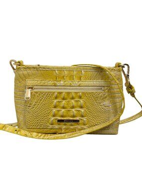 Brahmin Croc-Embossed Yellow Leather Crossbody Bag With Adjustable Strap